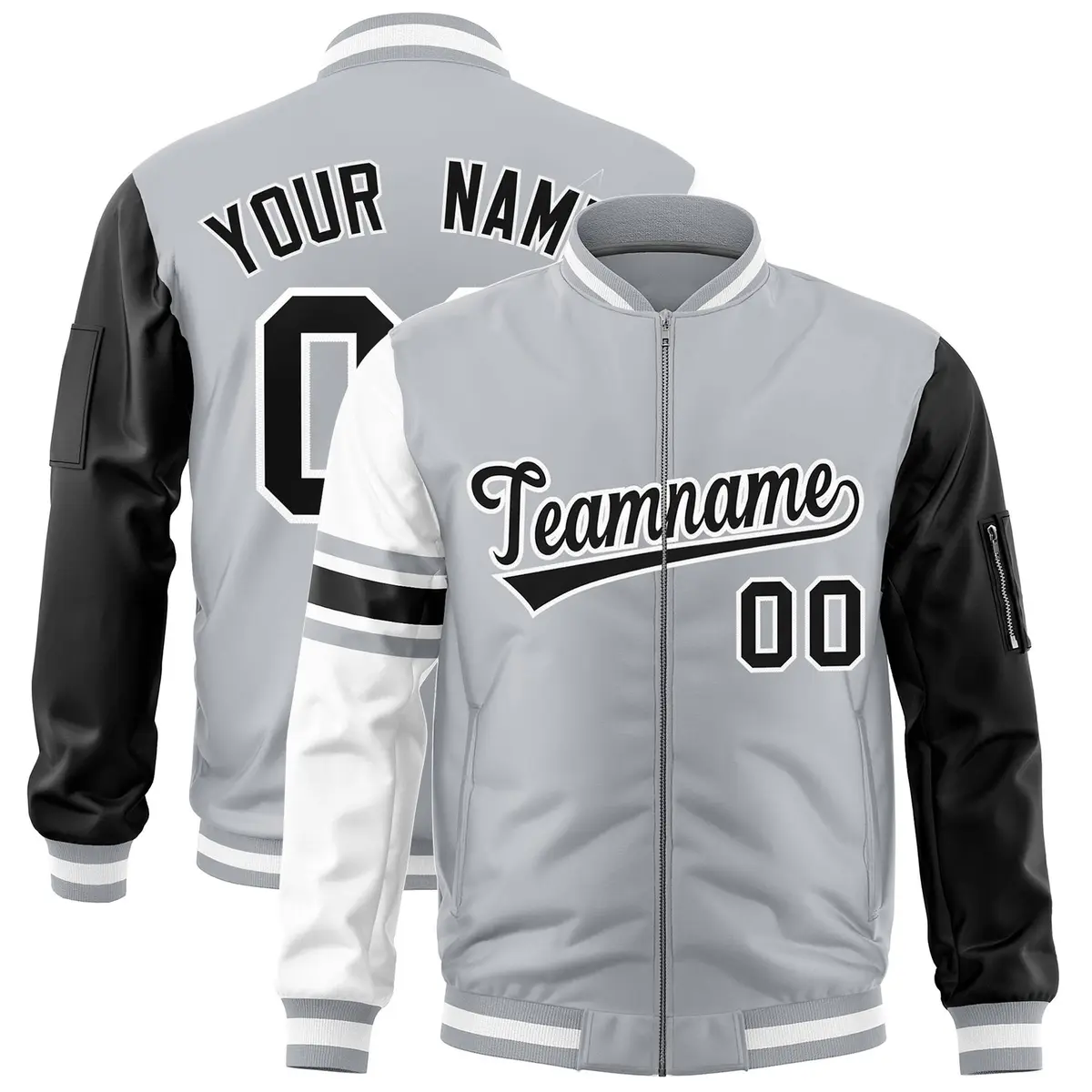 Silver Black-White Stripe Raglan Varsity Full-Zip Letterman Bomber Jacket