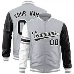 Silver Black-White Stripe Raglan Varsity Full-Zip Letterman Bomber Jacket 1