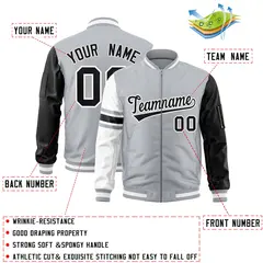 Silver Black-White Stripe Raglan Varsity Full-Zip Letterman Bomber Jacket 2