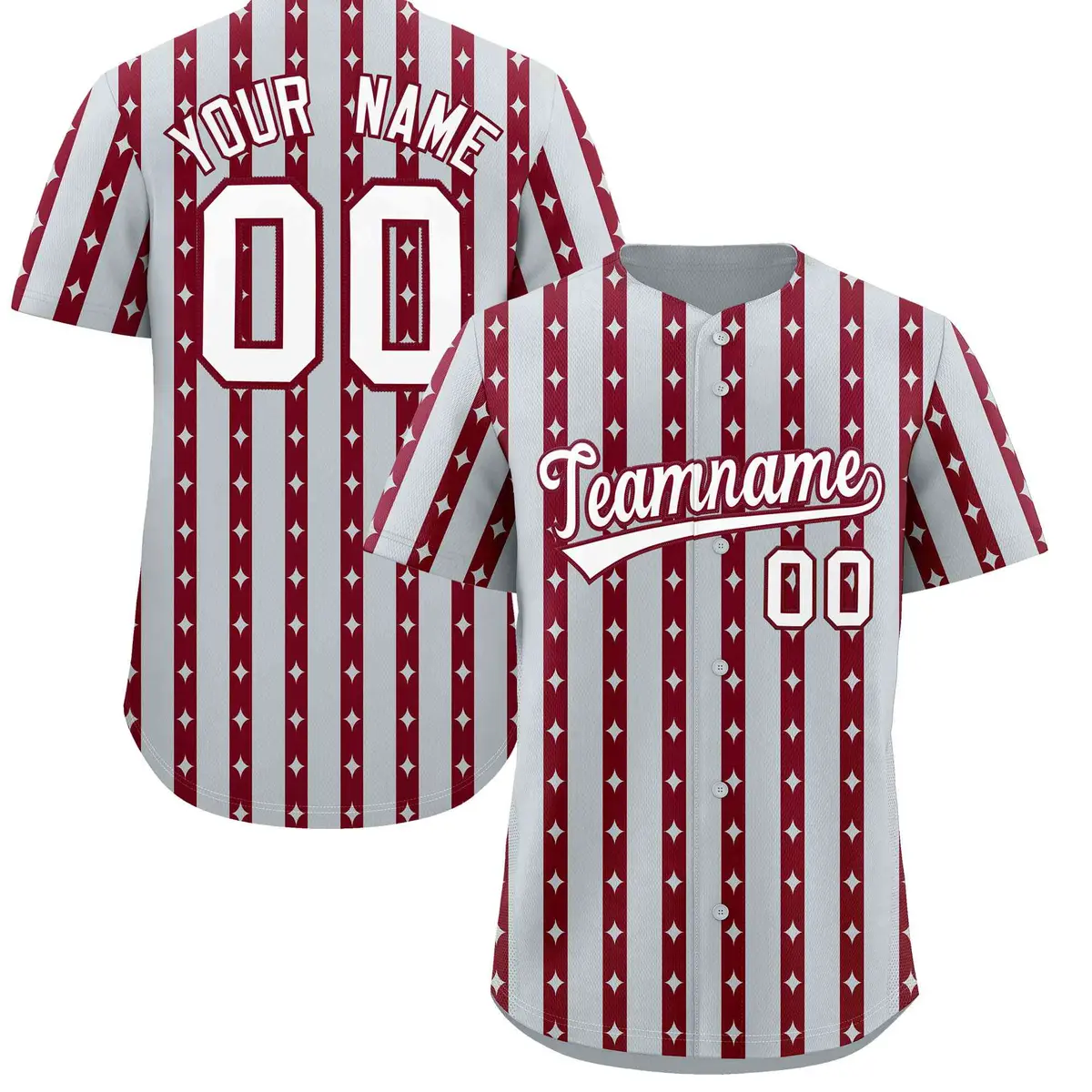 Silver Crimson Thick Stripes Star Pattern Baseball Jersey