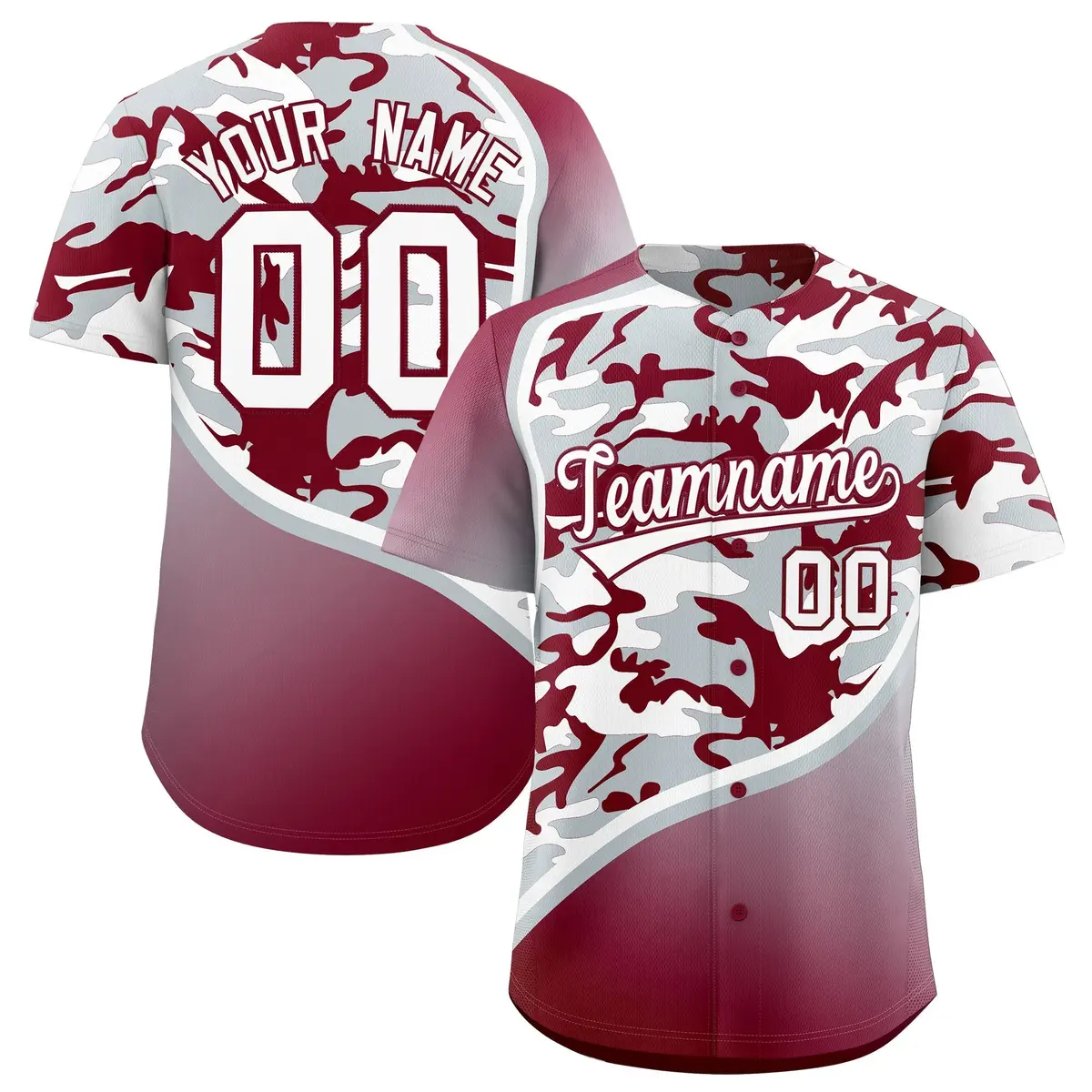 Silver Crimson White Camo Gradient Fashion Baseball Jersey