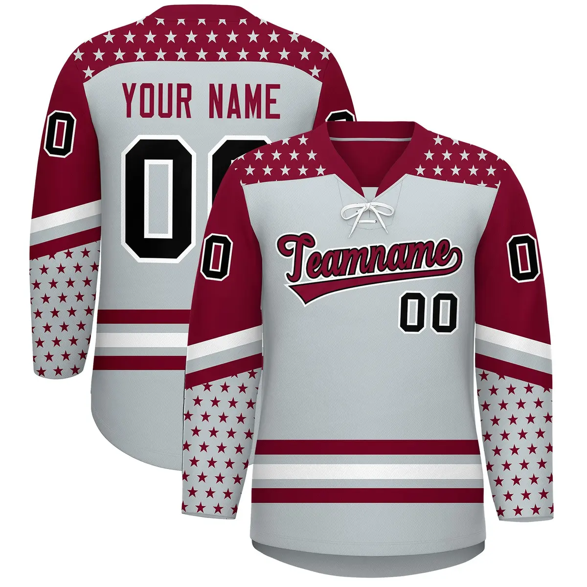 Silver Crimson White Star Series Lace-Up Neck Hockey Jersey