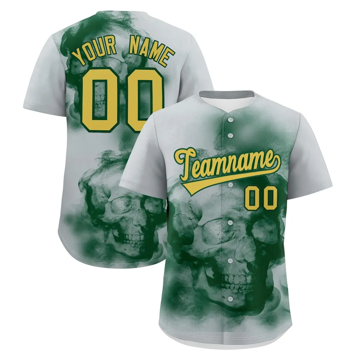 Silver Dark Green Old Gold Skeleton Graffiti Baseball Jersey