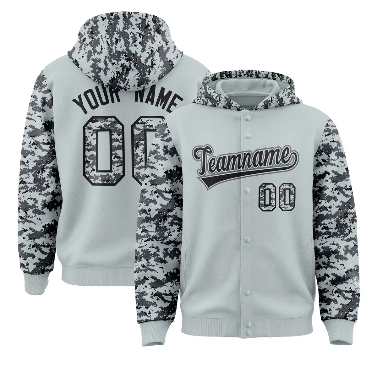 Silver Gray-Black Raglan Camo Varsity Letterman Jacket Hoodie