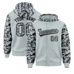 Silver Gray-Black Raglan Camo Varsity Letterman Jacket Hoodie