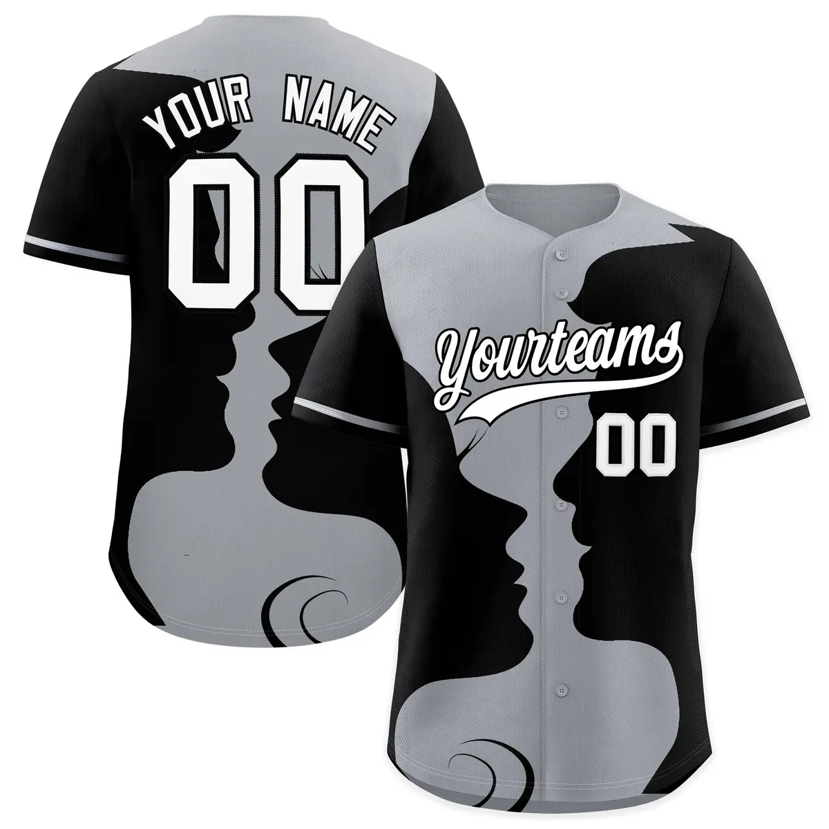Silver Gray Black Valentine's Day Couple Silhouettes Baseball Jersey