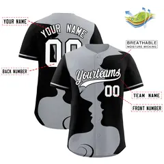 Silver Gray Black Valentine's Day Couple Silhouettes Baseball Jersey 3