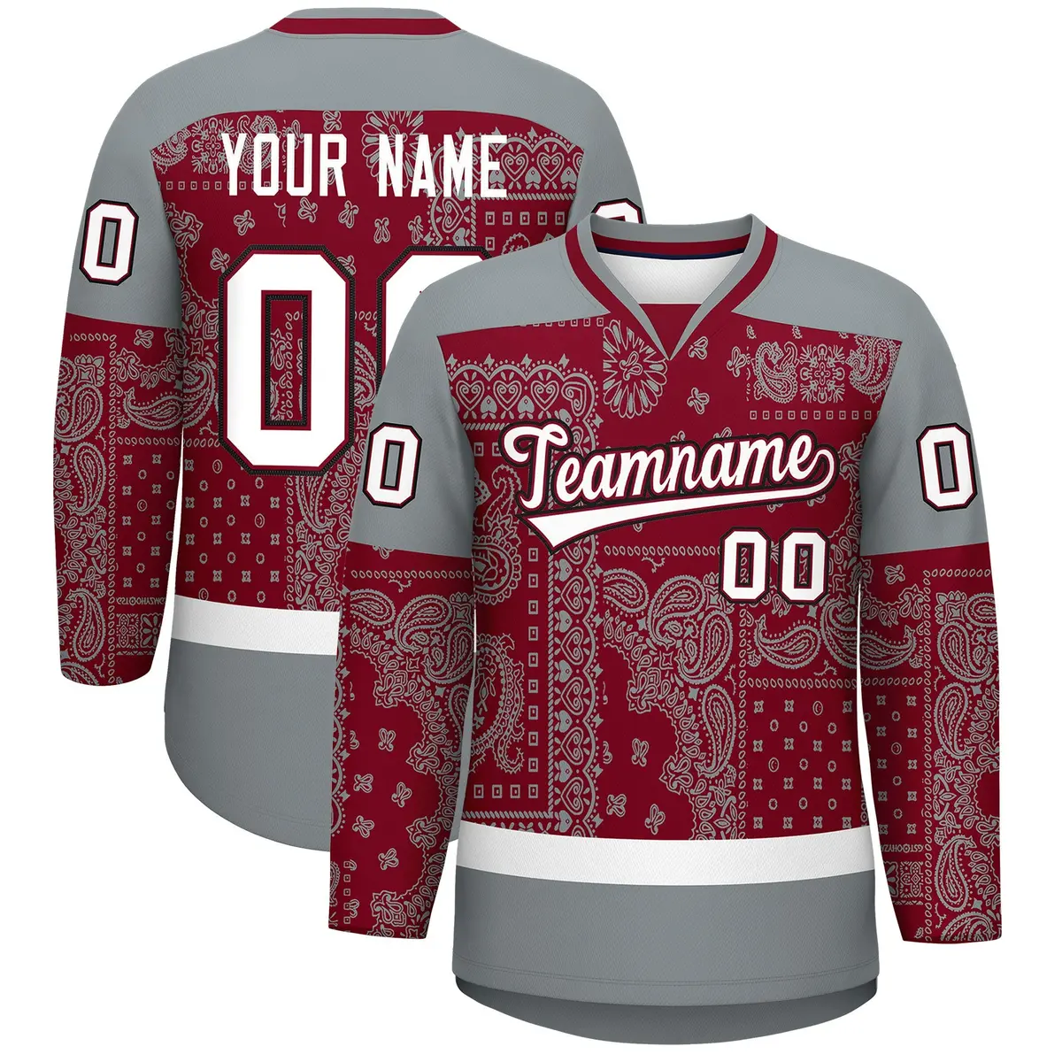 Silver Gray Crimson White Cashew Flower Graffiti V-Neck Hockey Jersey