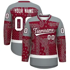 Silver Gray Crimson White Cashew Flower Graffiti V-Neck Hockey Jersey