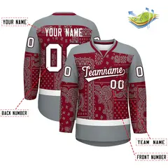 Silver Gray Crimson White Cashew Flower Graffiti V-Neck Hockey Jersey 2