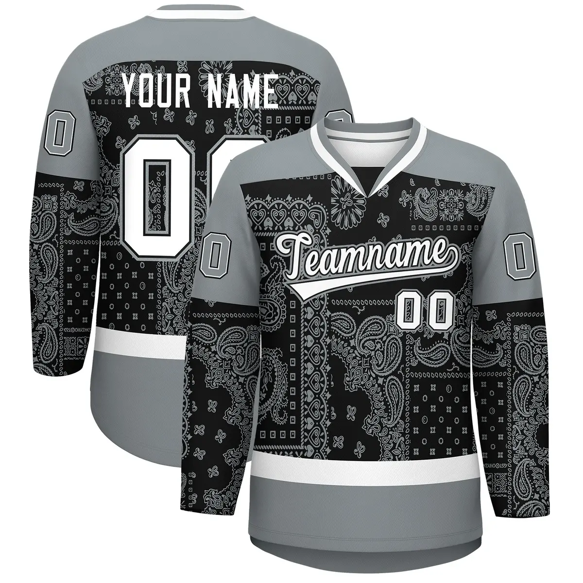 Silver Gray White Black Cashew Flower Graffiti V-Neck Hockey Jersey