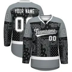 Silver Gray White Black Cashew Flower Graffiti V-Neck Hockey Jersey