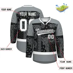 Silver Gray White Black Cashew Flower Graffiti V-Neck Hockey Jersey 2