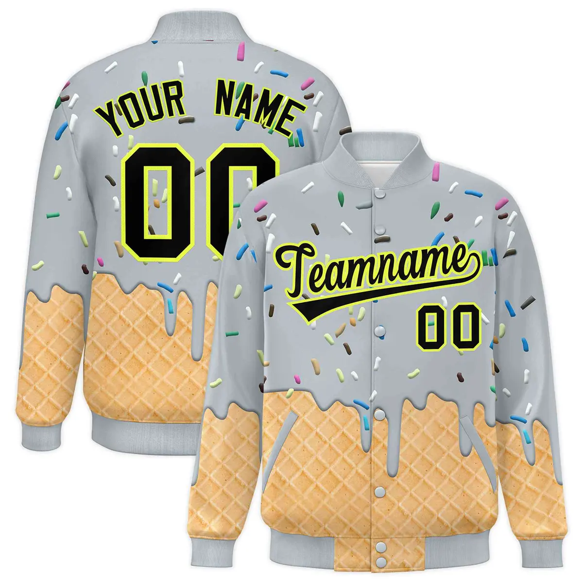 Silver Ice Cream Cone Graffiti Full-Snap Varsity Letterman Jacket