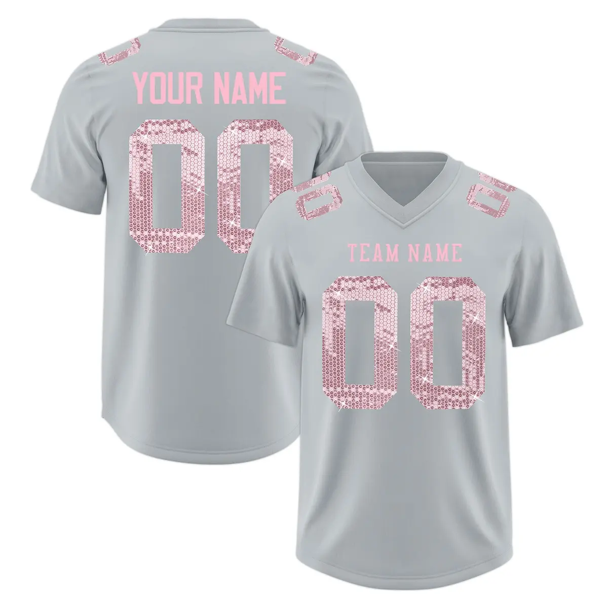 Silver Light Pink Sequin Lettering Stretch Football Jersey