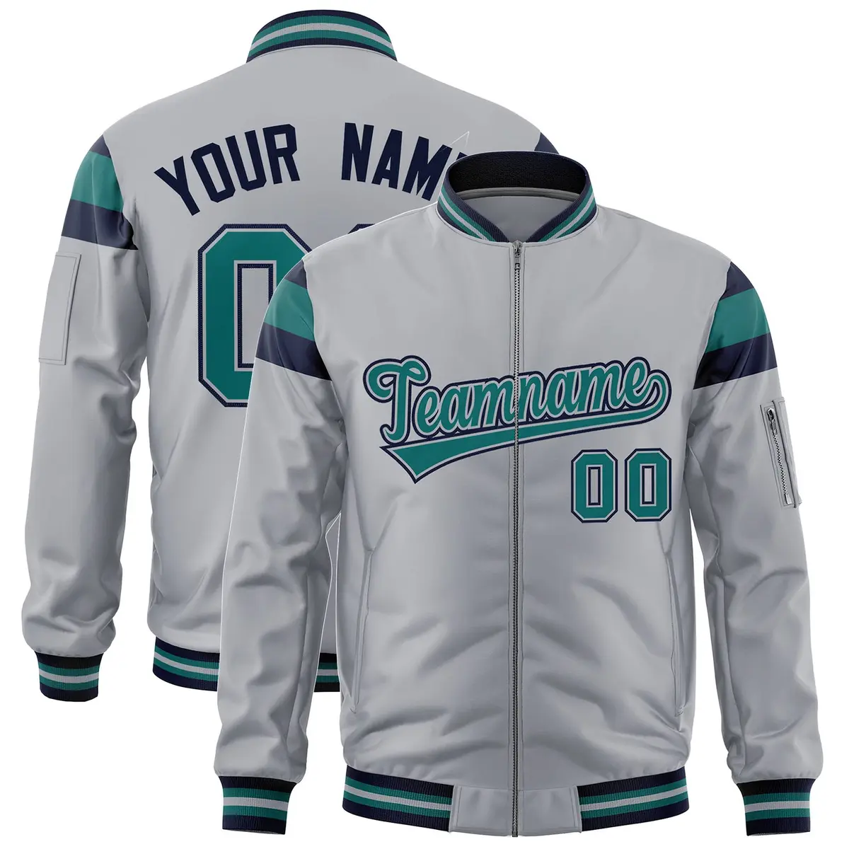 Silver Navy-Aqua Varsity Full-Zip Shoulder Color Block Letterman Bomber Jacket