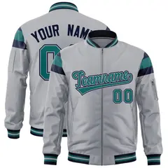 Silver Navy-Aqua Varsity Full-Zip Shoulder Color Block Letterman Bomber Jacket 1