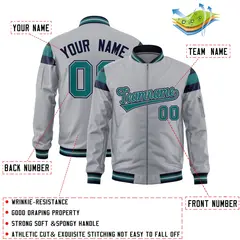 Silver Navy-Aqua Varsity Full-Zip Shoulder Color Block Letterman Bomber Jacket 2