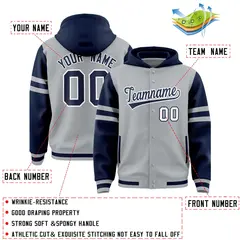 Silver Navy Raglan Three Stripes Varsity Full-Snap Letterman Jacket Hoodie 4