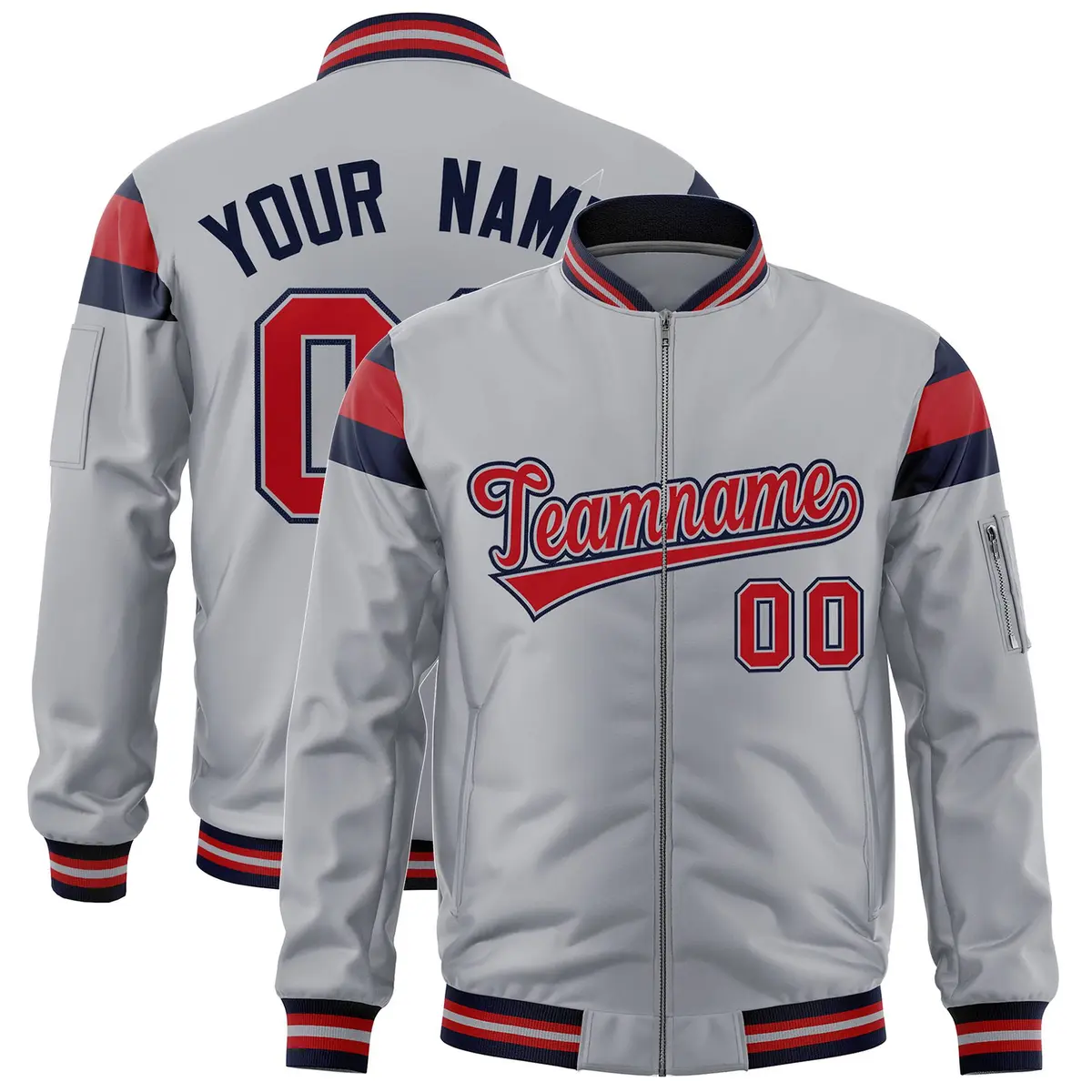 Silver Navy-Red Varsity Full-Zip Shoulder Color Block Letterman Bomber Jacket