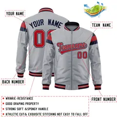 Silver Navy-Red Varsity Full-Zip Shoulder Color Block Letterman Bomber Jacket 2