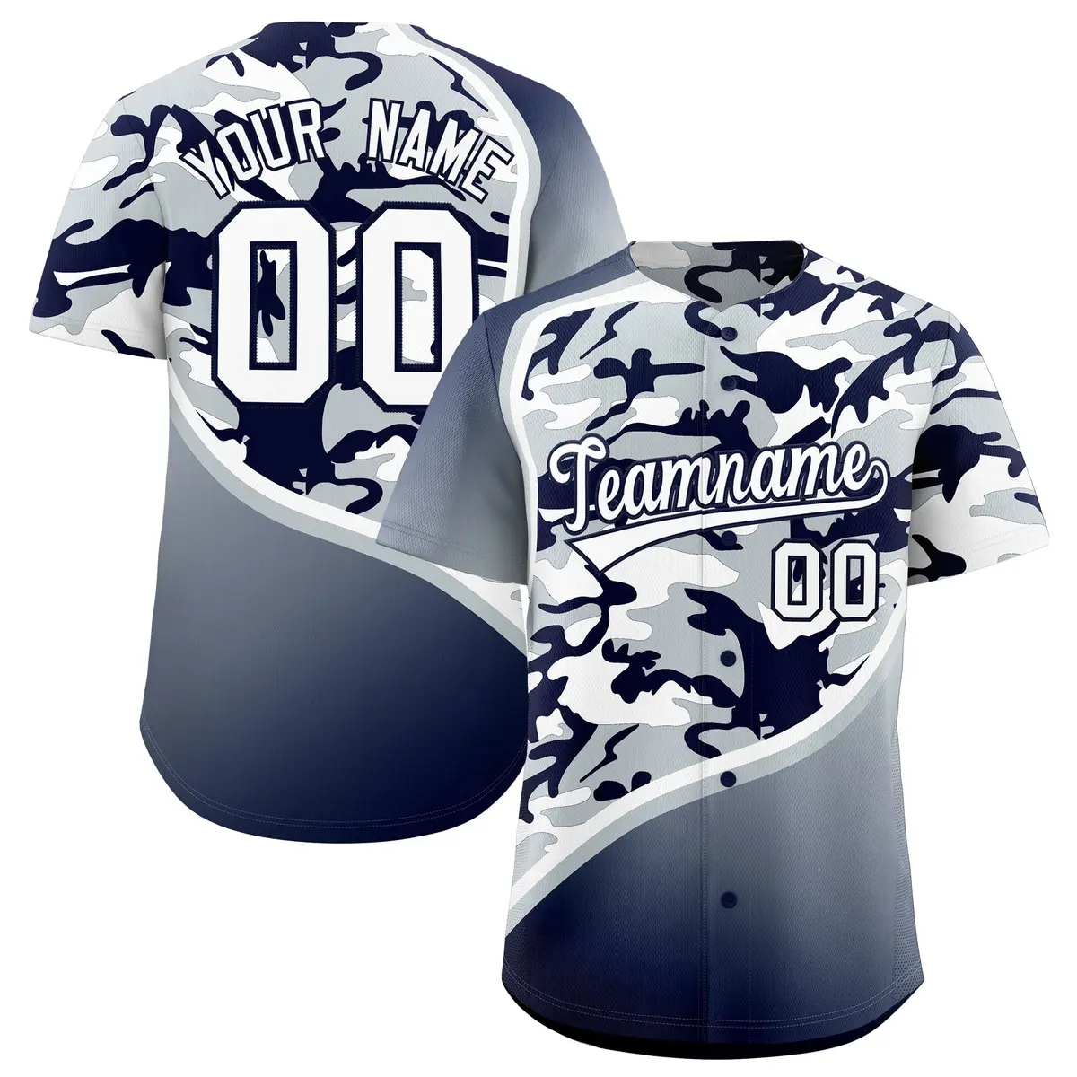 Silver Navy White Camo Gradient Fashion Baseball Jersey