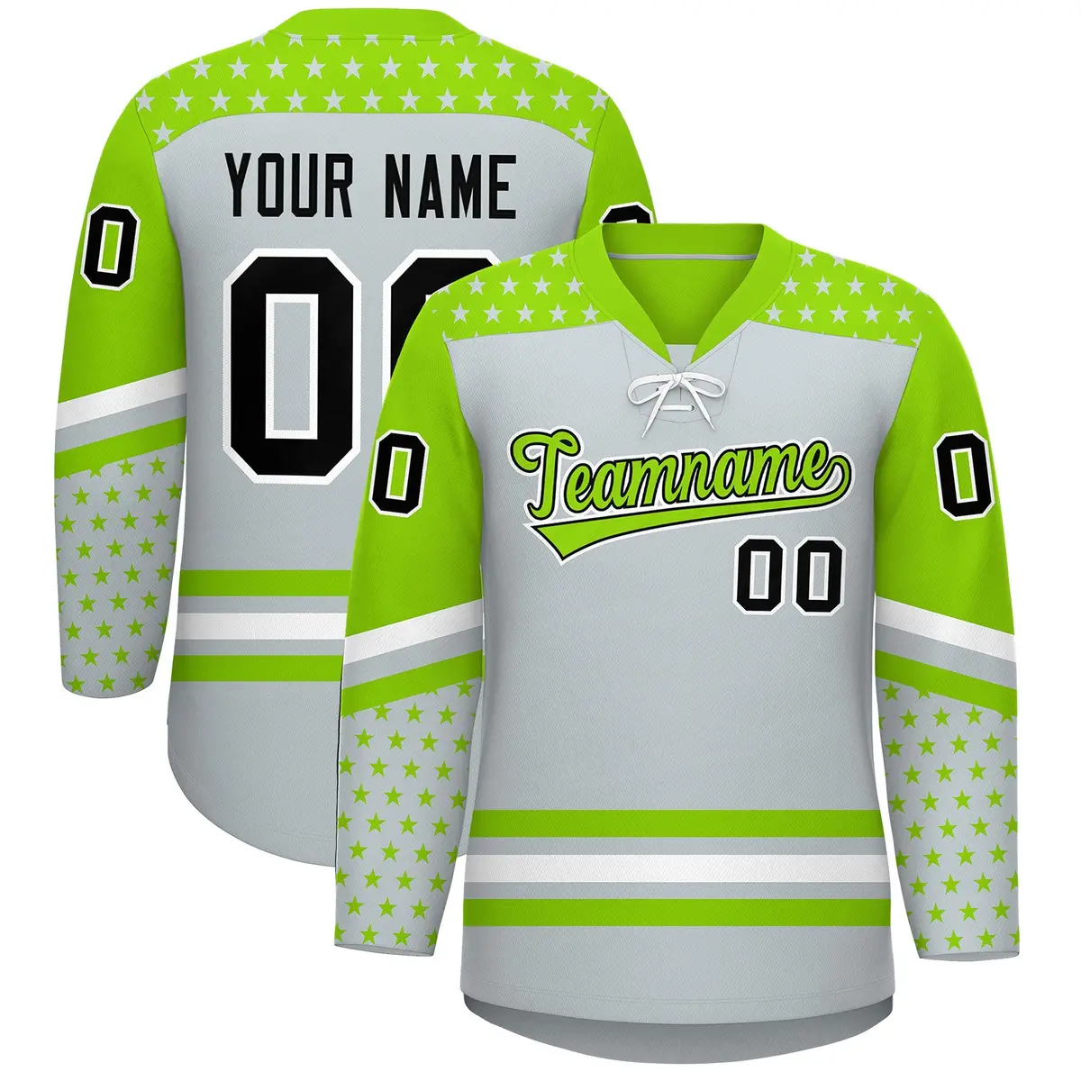 Silver Neon Green White Star Series Lace-Up Neck Hockey Jersey