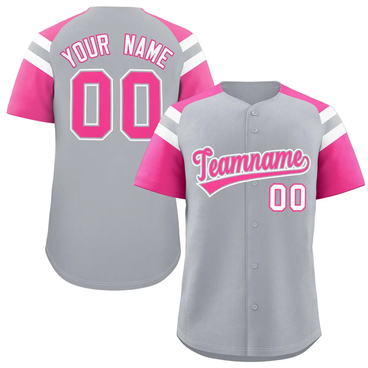 Silver Pink Contrast Raglan Sleeves Baseball Jersey