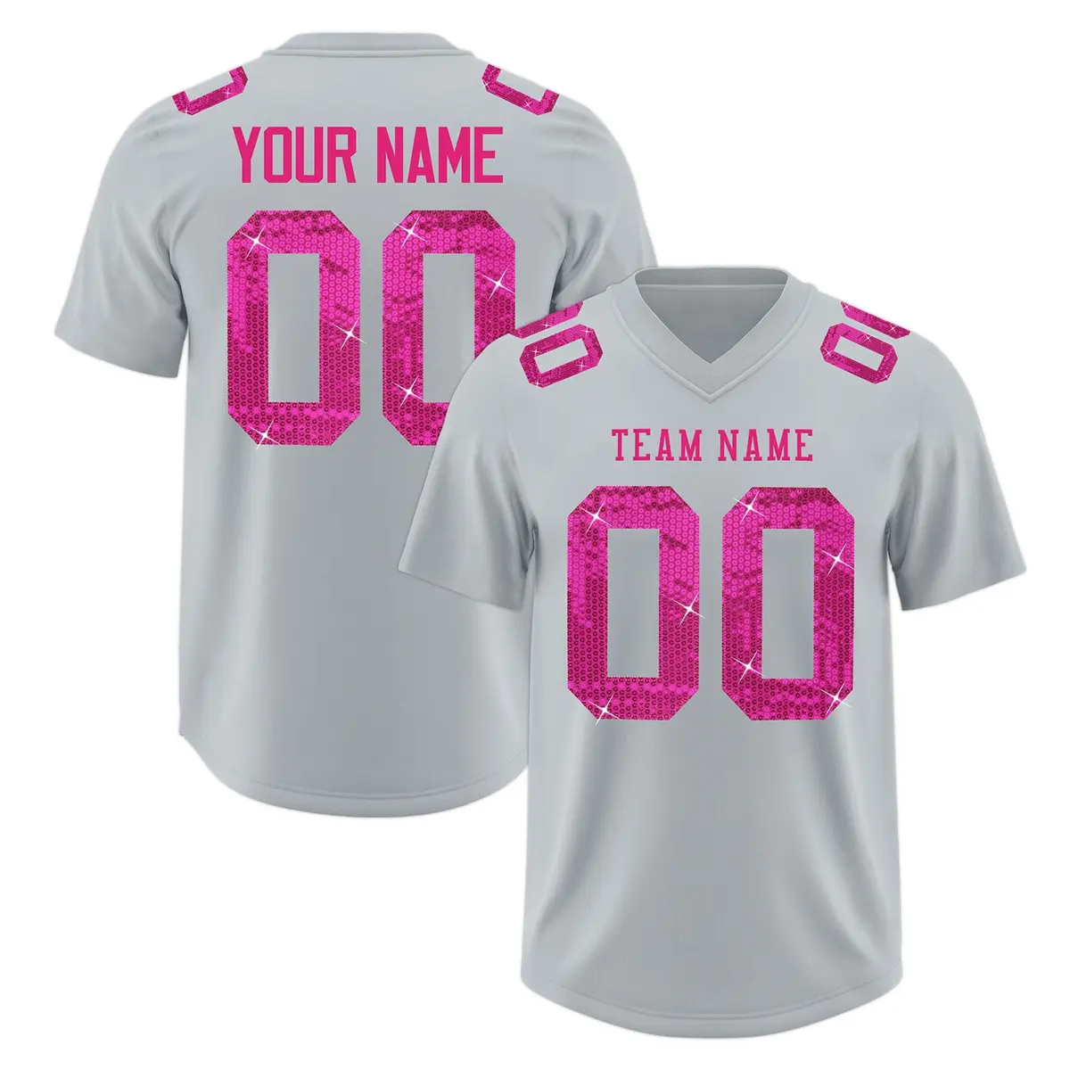 Silver Pink Sequin Lettering Breathable Football Jersey