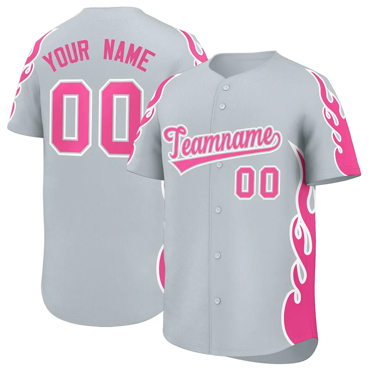 Silver Pink Side Flame Outline Baseball Jersey