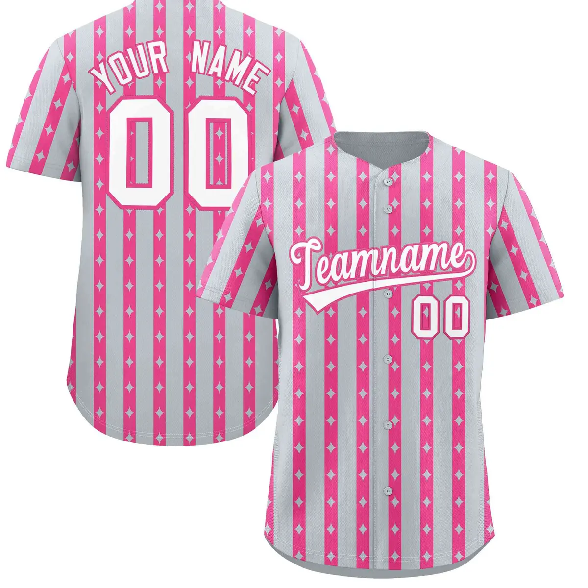 Silver Pink Thick Striped Star Pattern Baseball Jersey