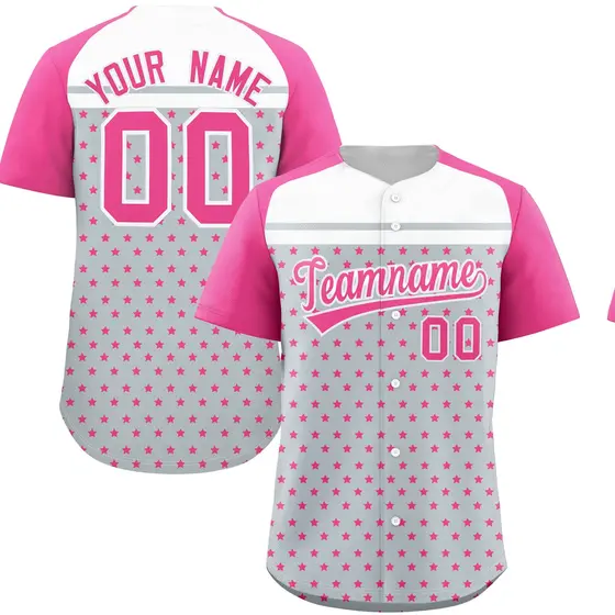 Silver Pink White Raglan Star Print Baseball Jersey