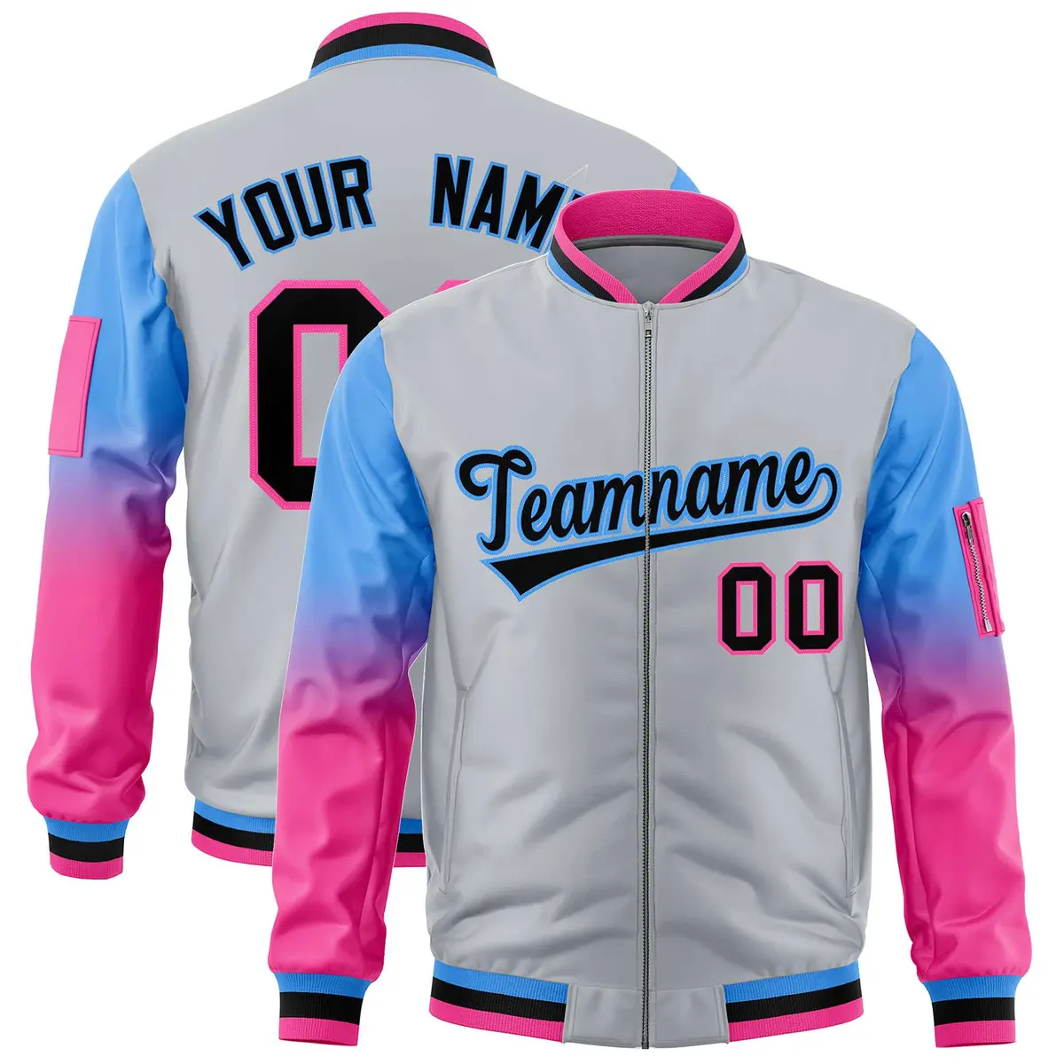 Silver Powder Blue-Pink Gradient Raglan Varsity Full-Zip Letterman Bomber Jacket