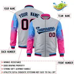 Silver Powder Blue-Pink Gradient Raglan Varsity Full-Zip Letterman Bomber Jacket 2