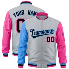 Silver Powder Blue Pink Varsity Letterman Bomber Jacket Full-Zip Raglan