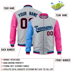 Silver Powder Blue Pink Varsity Letterman Bomber Jacket Full-Zip Raglan 2