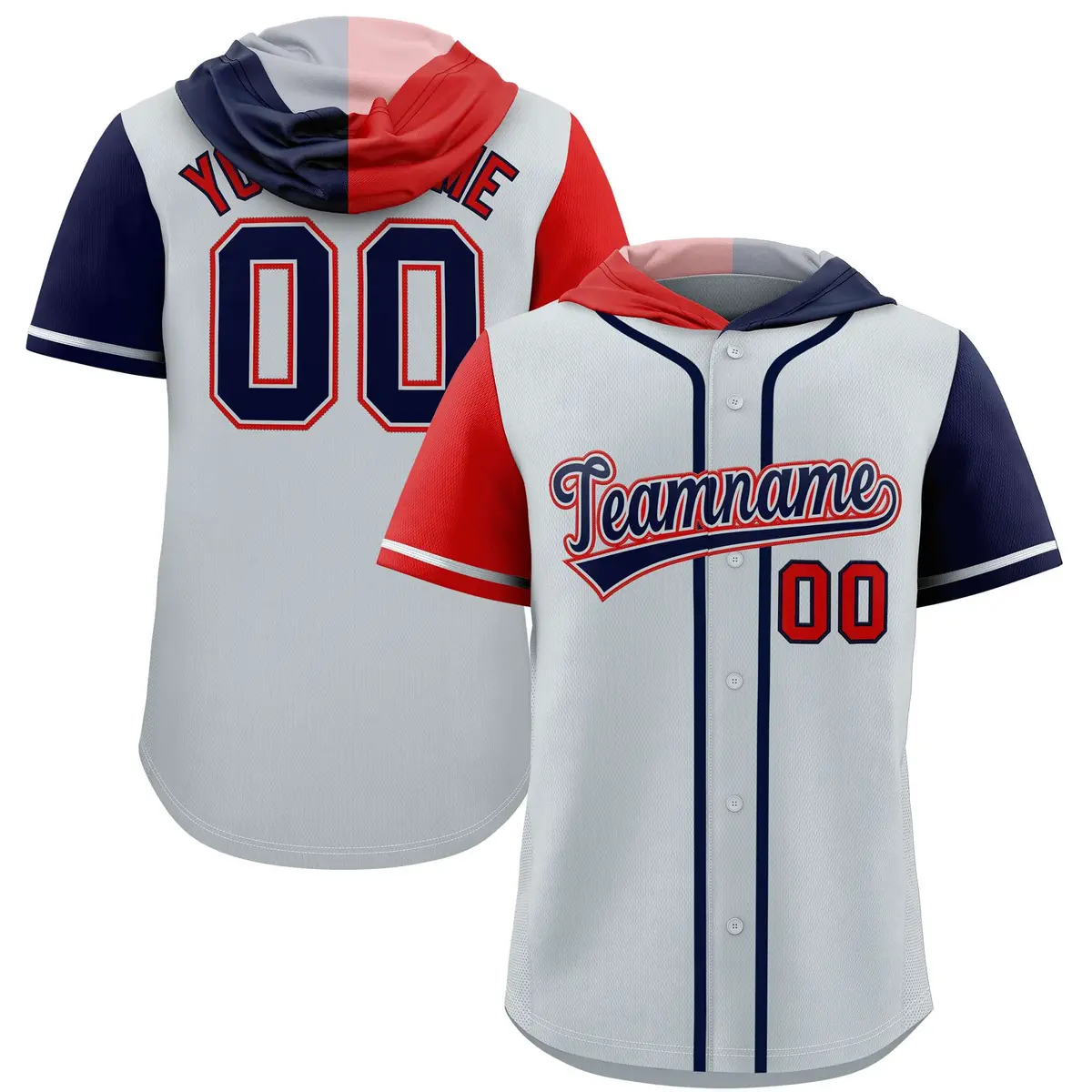Silver Red and Navy Split Raglan Baseball Hoodie Jersey