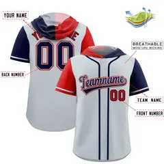Silver Red and Navy Split Raglan Baseball Hoodie Jersey 2