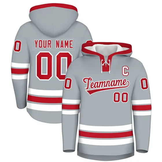 Silver Red Lace-Up Neck Hockey Hoodie