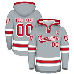 Silver Red Lace-Up Neck Hockey Hoodie 1