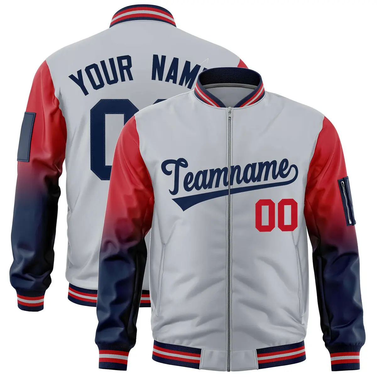 Silver Red-Navy Raglan Gradient Varsity Full-Zip Letterman Bomber Jacket
