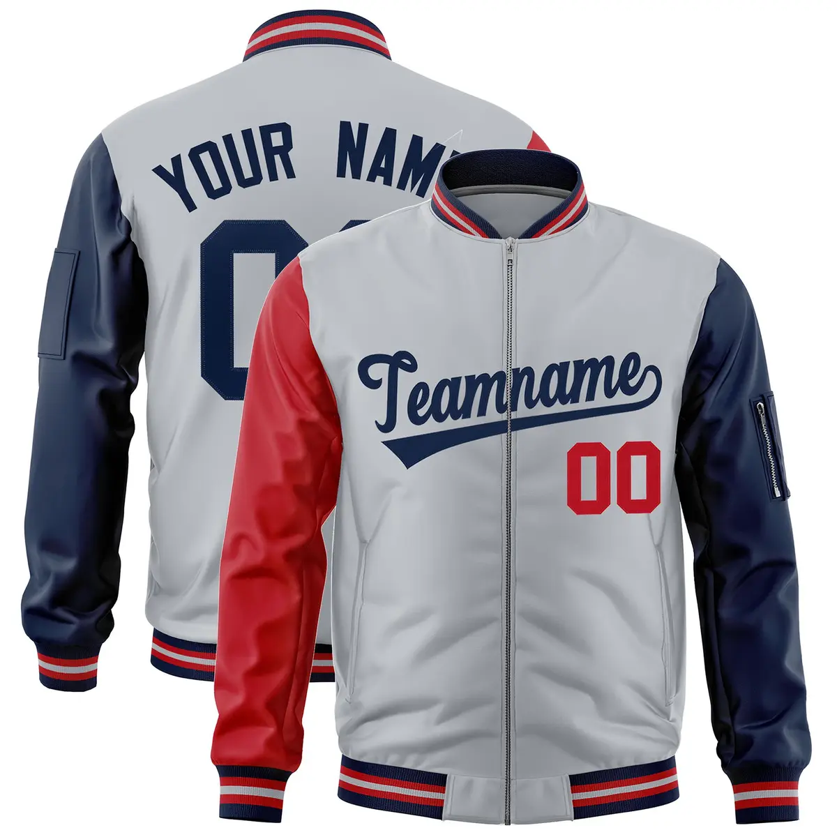 Silver Red Navy Varsity Full-Zip Raglan Letterman Bomber Jacket