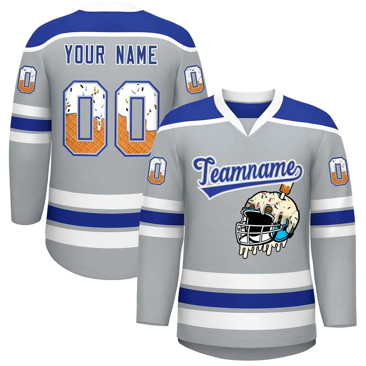 Silver Royal Blue Ice Cream Helmet Pattern Hockey Jersey
