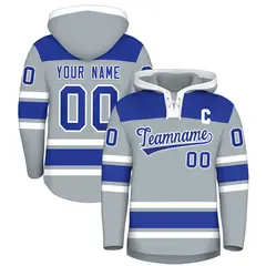 Silver Royal Blue Raglan Lace-Up Neck Hockey Hoodie Jersey 1