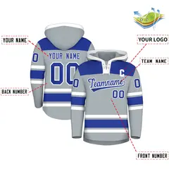 Silver Royal Blue Raglan Lace-Up Neck Hockey Hoodie Jersey 2