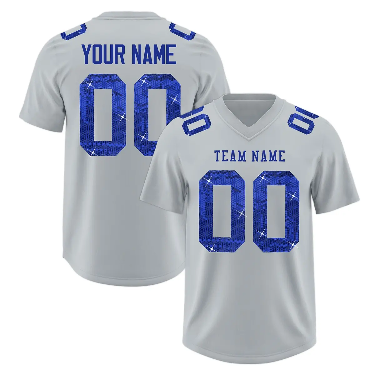 Silver Royal Blue Sequin Lettering Football Jersey