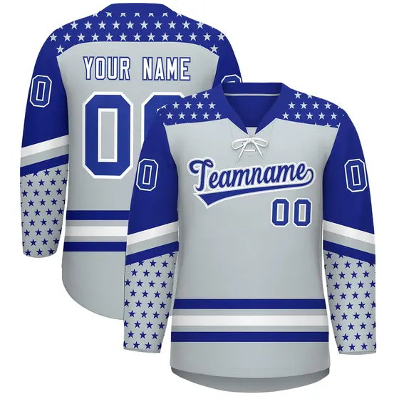 Silver Royal Blue White Star Series Lace-Up Neck Hockey Jersey