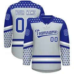 Silver Royal Blue White Star Series Lace-Up Neck Hockey Jersey 1