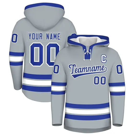 Silver Royal Blue Wrinkle-Resistant Lace-Up Neck Hockey Hoodie