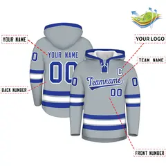 Silver Royal Blue Wrinkle-Resistant Lace-Up Neck Hockey Hoodie 2